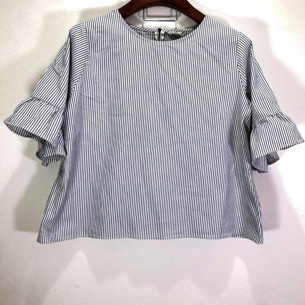 Cato Womens Plus 18/20W Striped Ruffle‎ Bell Sleeve Blouse Navy White Back Zip